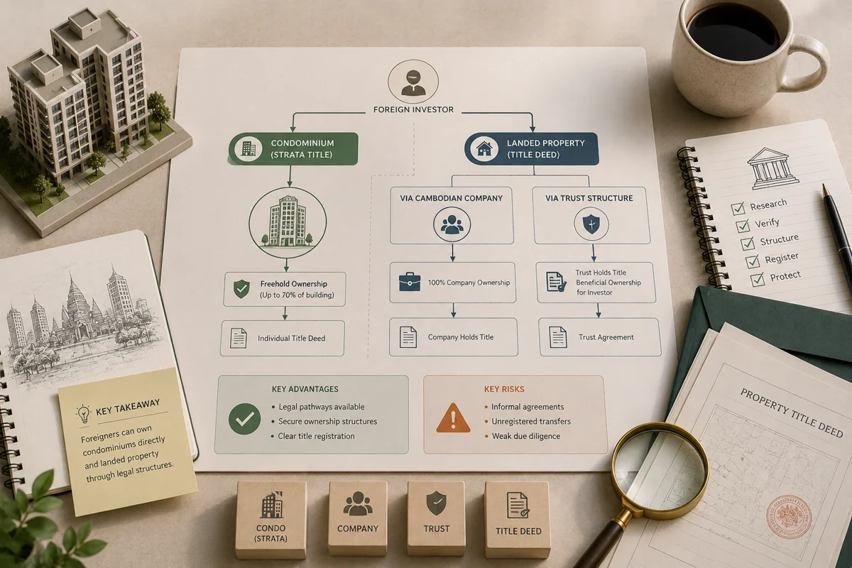 Flowchart of how a foreign investor can hold Cambodian property: condominium strata title versus landed property via a Cambodian company or trust structure