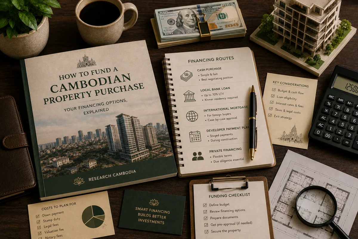 Guide titled How to Fund a Cambodian Property Purchase beside notes on financing routes — cash, local bank loan, international mortgage, developer plans — and a funding checklist