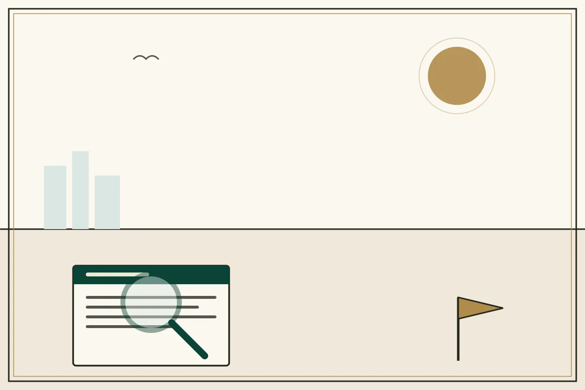 Editorial illustration of a magnifying glass over a document with a gold warning pennant — in the ivory, jade and gold broadsheet style of Research Cambodia