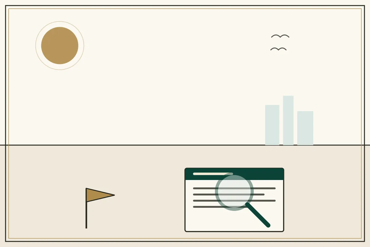 Editorial illustration of a magnifying glass over a document with a gold warning pennant — in the ivory, jade and gold broadsheet style of Research Cambodia