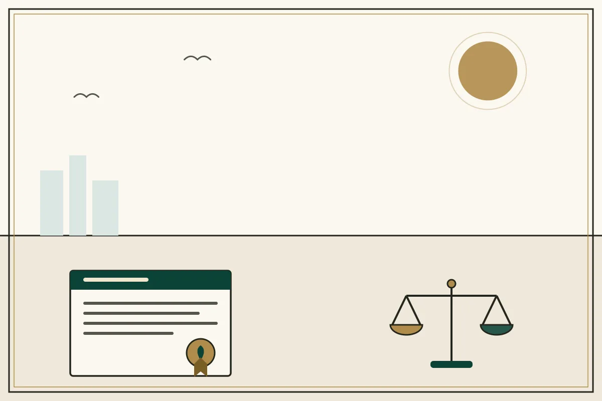 Editorial illustration of a sealed legal document beside the scales of justice — in the ivory, jade and gold broadsheet style of Research Cambodia