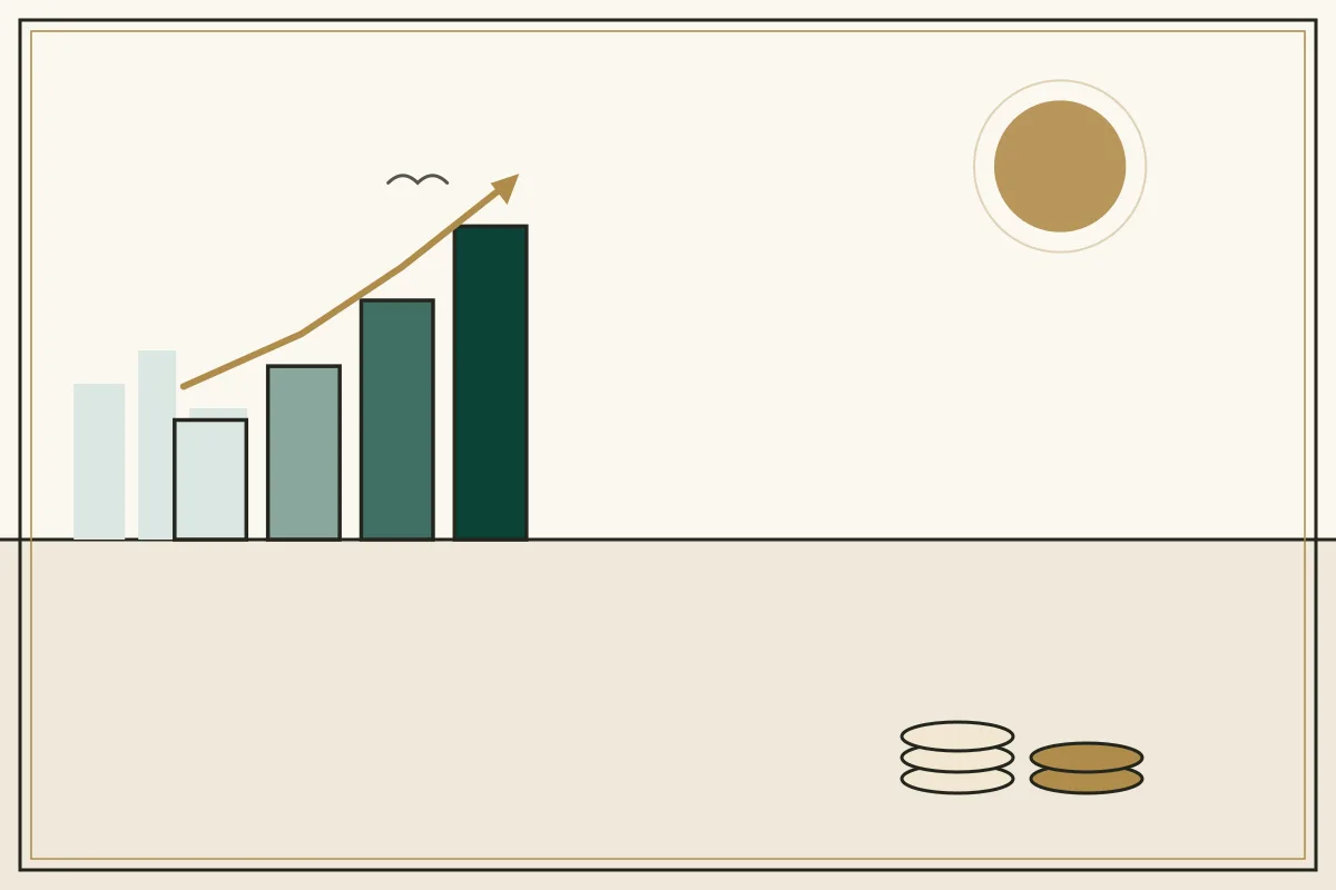 Editorial illustration of a rising bar chart with a gold trend arrow over a pale city skyline — in the ivory, jade and gold broadsheet style of Research Cambodia