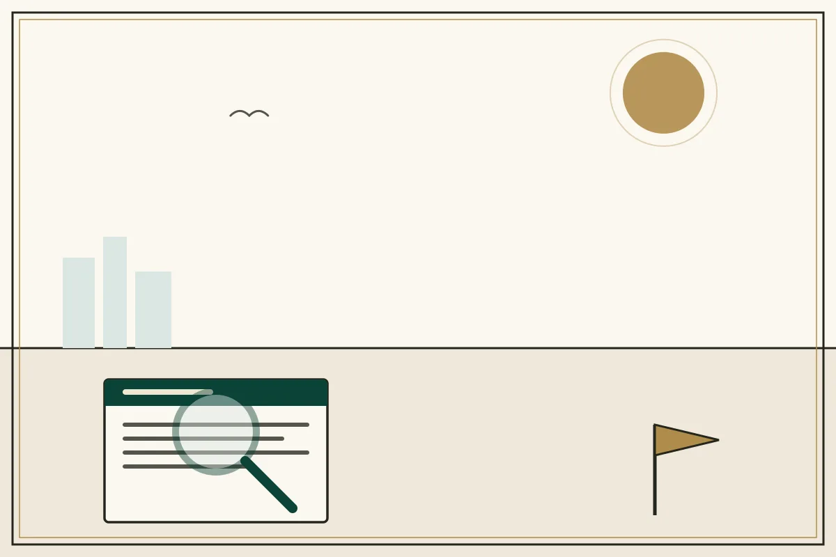 Editorial illustration of a magnifying glass over a document with a gold warning pennant — in the ivory, jade and gold broadsheet style of Research Cambodia