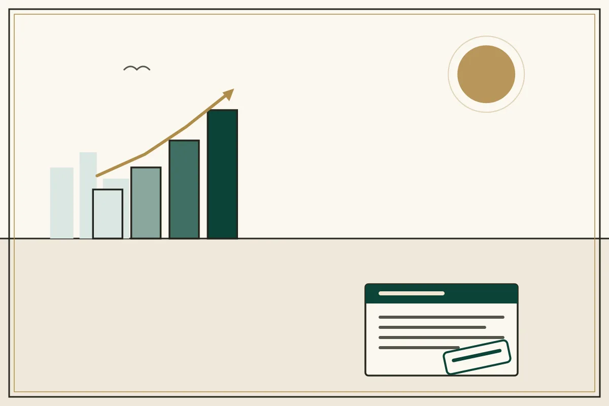 Editorial illustration of a rising bar chart with a gold trend arrow over a pale city skyline — in the ivory, jade and gold broadsheet style of Research Cambodia