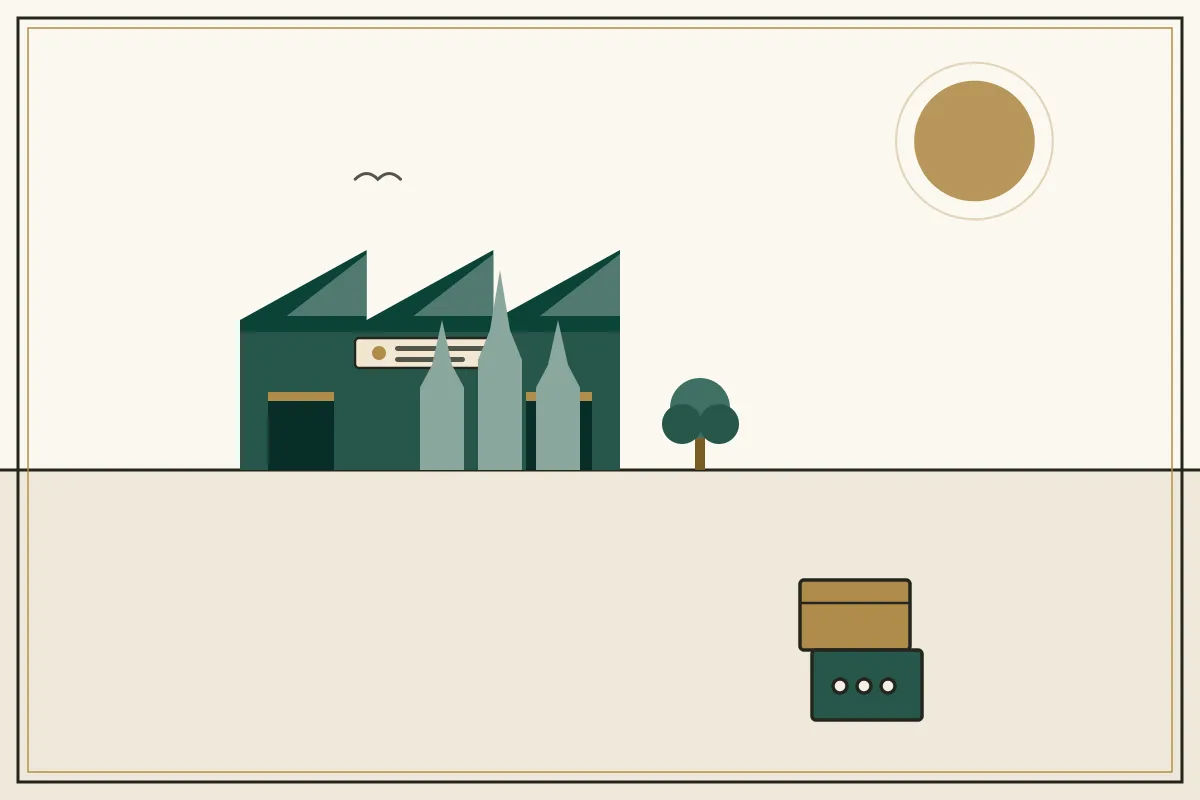 Editorial illustration of a jade factory hall with sawtooth roof and stacked shipping crates, with Angkor-style temple towers — in the ivory, jade and gold broadsheet style of Research Cambodia