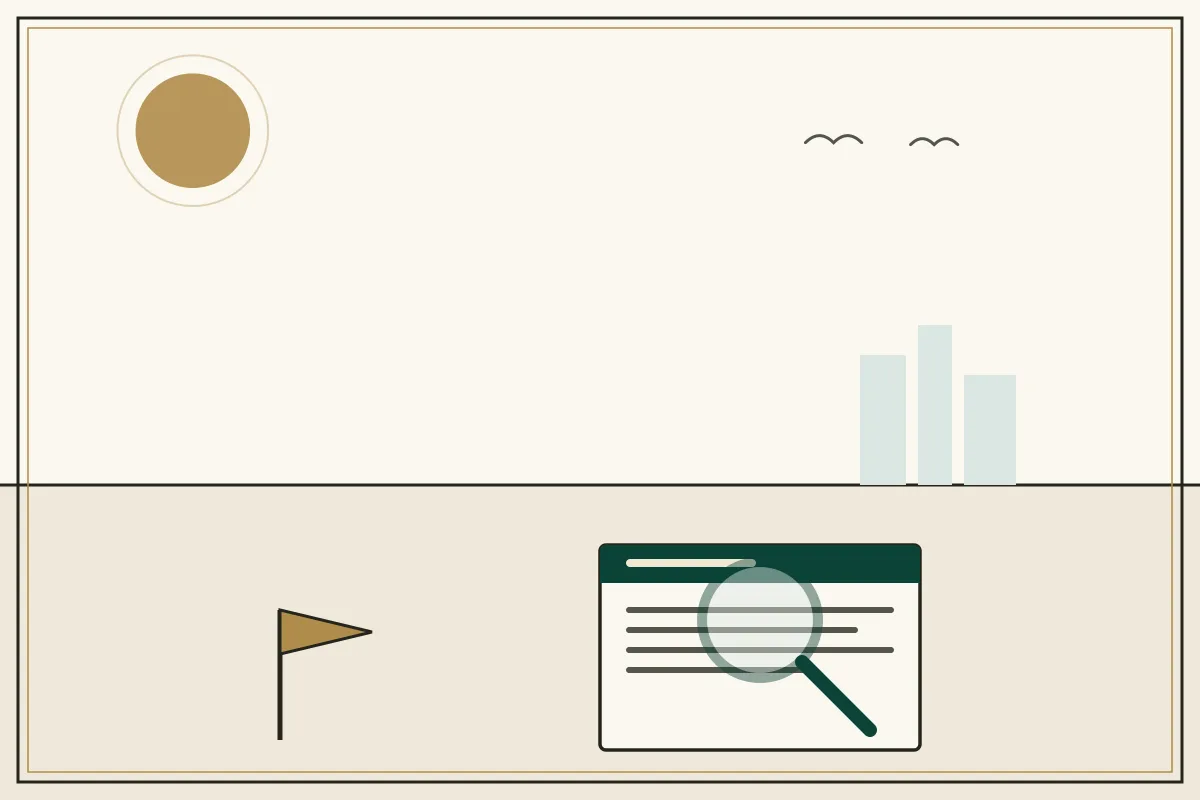 Editorial illustration of a magnifying glass over a document with a gold warning pennant — in the ivory, jade and gold broadsheet style of Research Cambodia