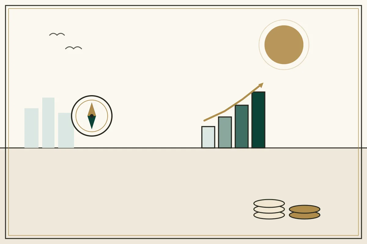 Editorial illustration of a compass and rising chart with stacked coins — in the ivory, jade and gold broadsheet style of Research Cambodia