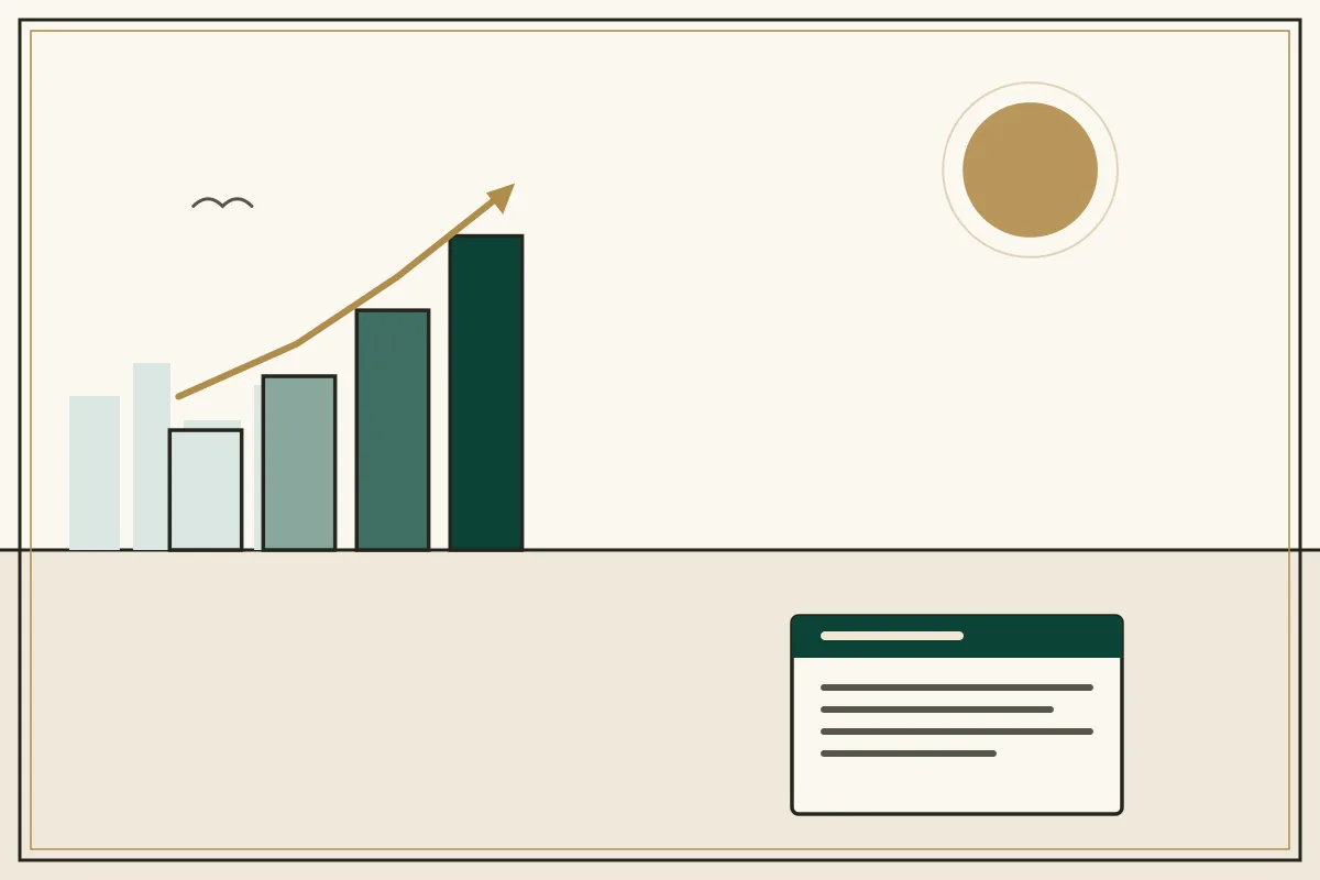 Editorial illustration of a rising bar chart with a gold trend arrow over a pale city skyline — in the ivory, jade and gold broadsheet style of Research Cambodia