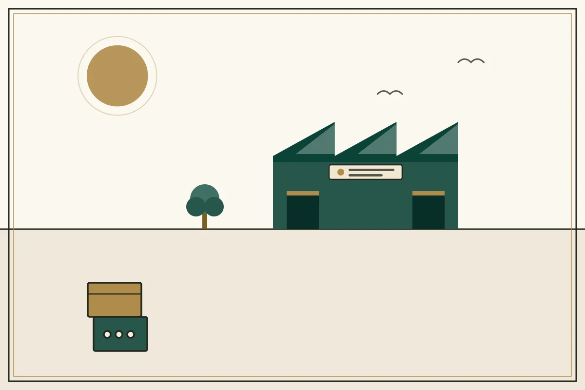 Editorial illustration of a jade factory hall with sawtooth roof and stacked shipping crates — in the ivory, jade and gold broadsheet style of Research Cambodia