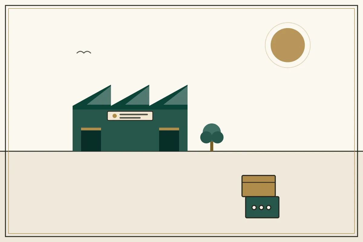 Editorial illustration of a jade factory hall with sawtooth roof and stacked shipping crates — in the ivory, jade and gold broadsheet style of Research Cambodia
