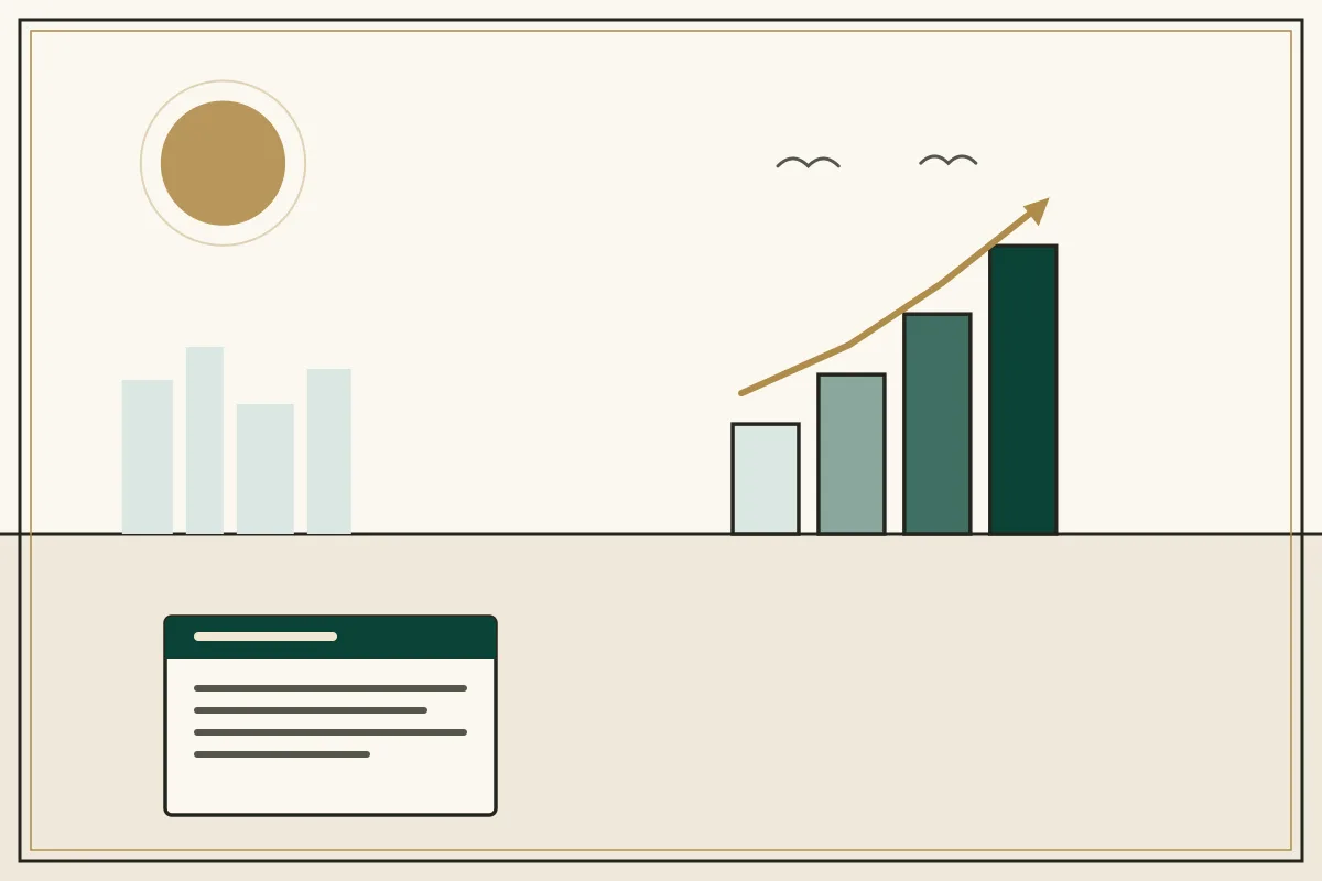 Editorial illustration of a rising bar chart with a gold trend arrow over a pale city skyline — in the ivory, jade and gold broadsheet style of Research Cambodia
