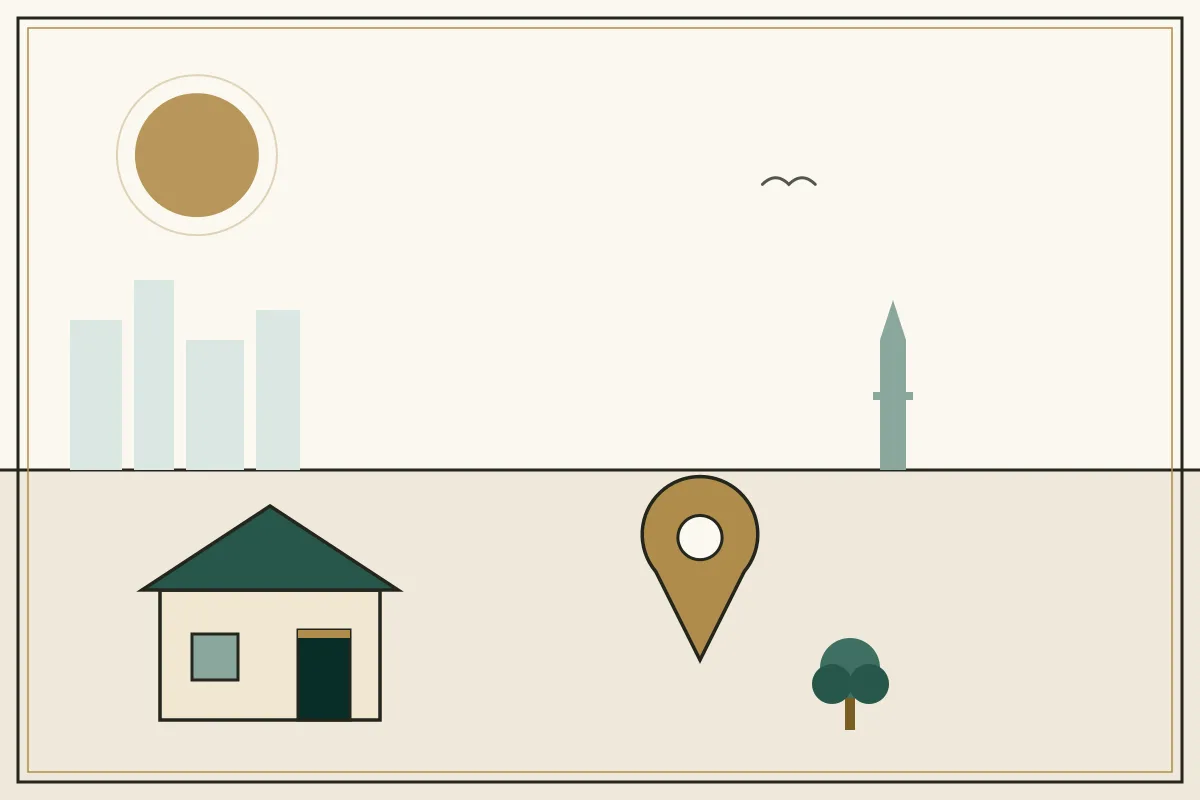 Editorial illustration of a landscape with a large gold map pin, houses and a stupa on the horizon — in the ivory, jade and gold broadsheet style of Research Cambodia