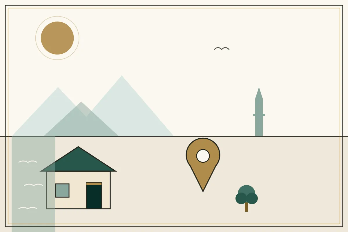Editorial illustration of a landscape with a large gold map pin, houses and a stupa on the horizon, with a coastal water strip — in the ivory, jade and gold broadsheet style of Research Cambodia