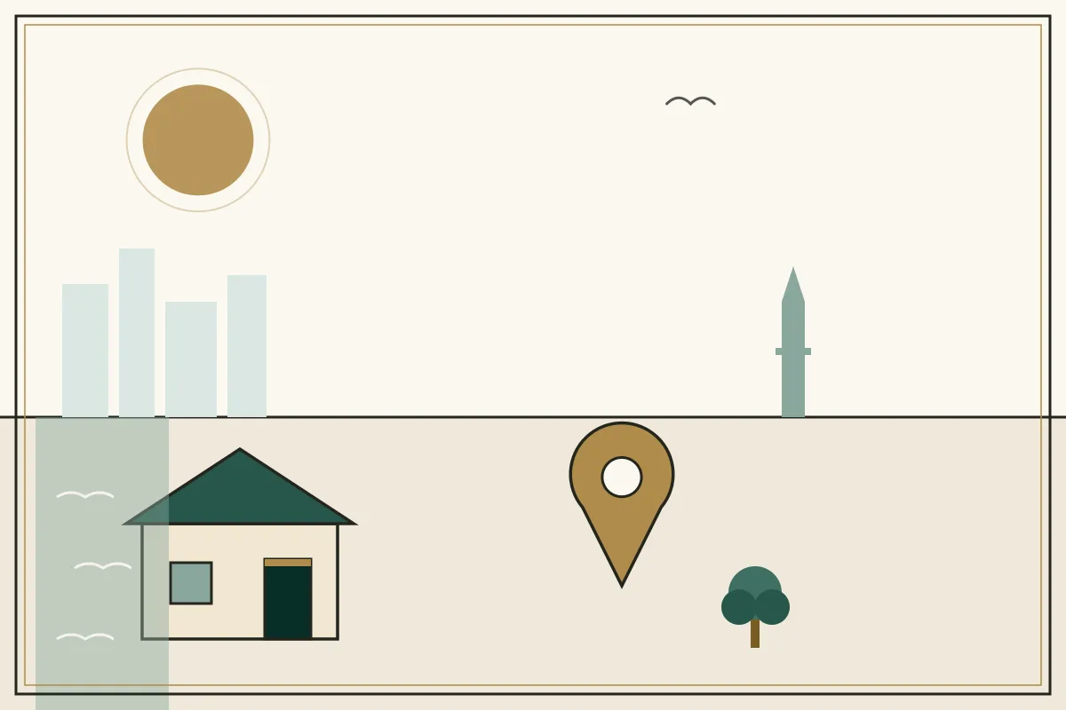 Editorial illustration of a landscape with a large gold map pin, houses and a stupa on the horizon, with a coastal water strip — in the ivory, jade and gold broadsheet style of Research Cambodia