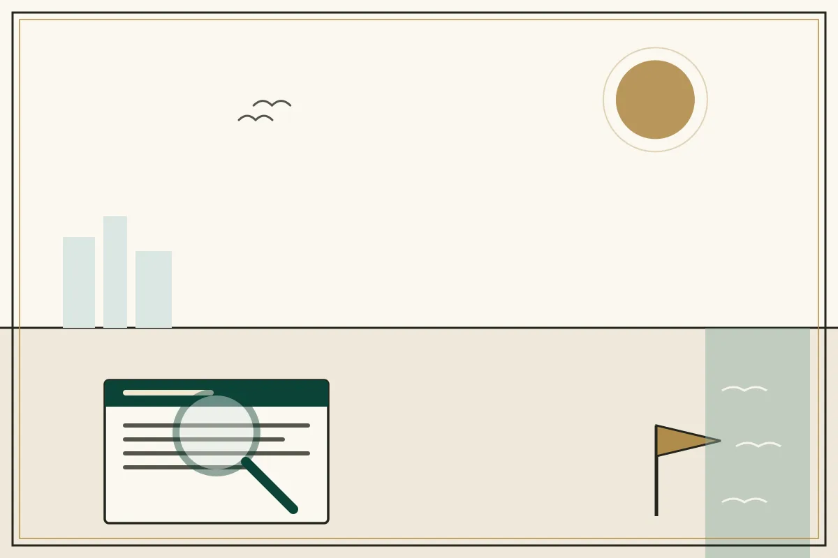 Editorial illustration of a magnifying glass over a document with a gold warning pennant, with a coastal water strip — in the ivory, jade and gold broadsheet style of Research Cambodia