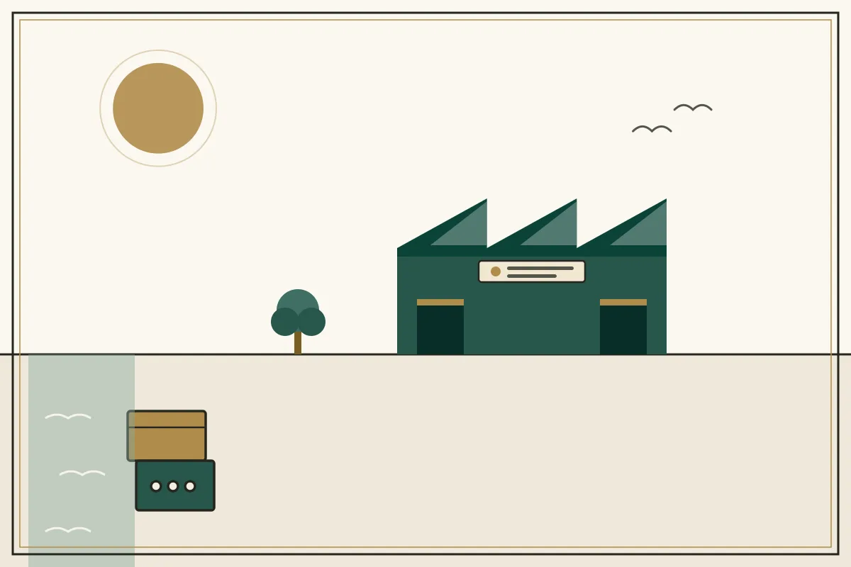 Editorial illustration of a jade factory hall with sawtooth roof and stacked shipping crates, with a coastal water strip — in the ivory, jade and gold broadsheet style of Research Cambodia