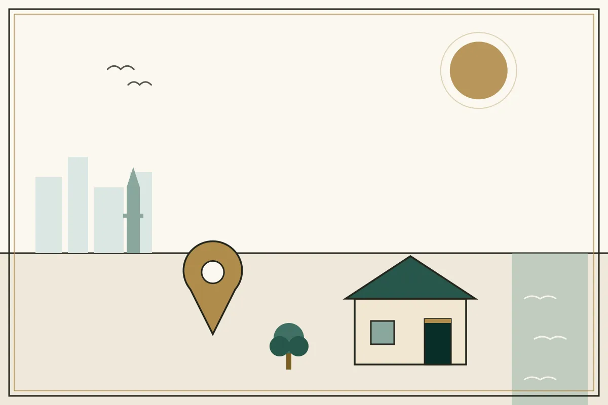 Editorial illustration of a landscape with a large gold map pin, houses and a stupa on the horizon, with a coastal water strip — in the ivory, jade and gold broadsheet style of Research Cambodia