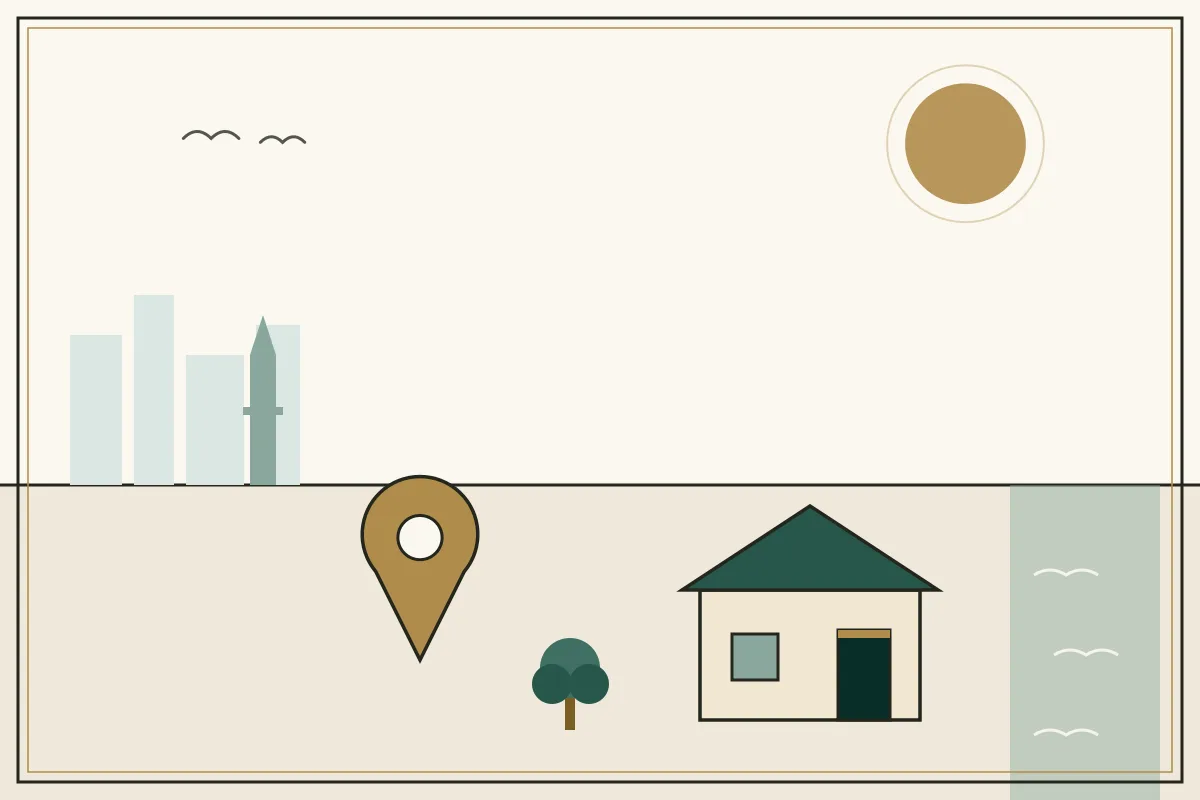 Editorial illustration of a landscape with a large gold map pin, houses and a stupa on the horizon, with a coastal water strip — in the ivory, jade and gold broadsheet style of Research Cambodia