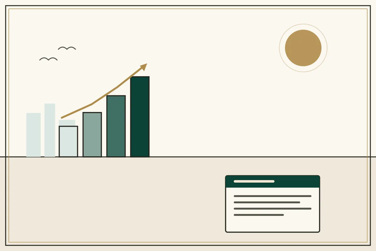 Editorial illustration of a rising bar chart with a gold trend arrow over a pale city skyline — in the ivory, jade and gold broadsheet style of Research Cambodia