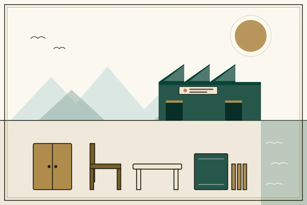 Editorial illustration of a furniture factory with sawtooth roof beneath the Cardamom mountains, with a wardrobe, chair, table and flat-pack crate in the foreground and the Koh Kong coast at right
