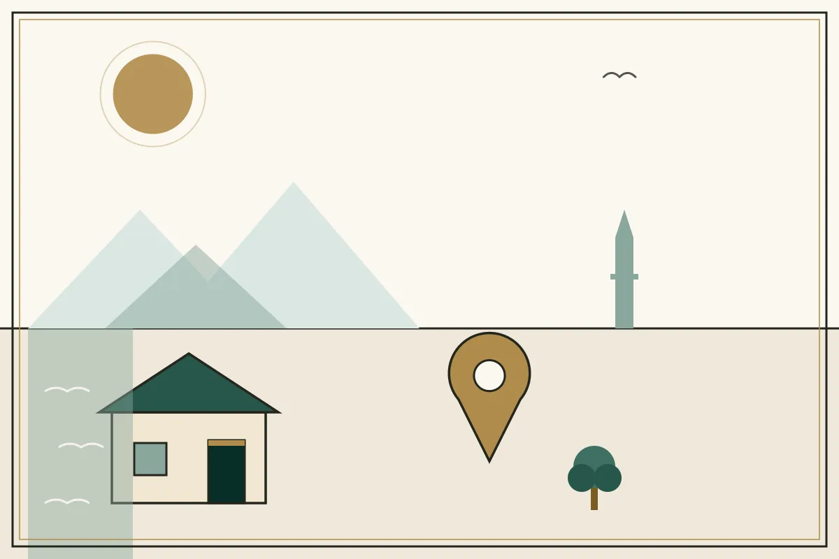 Editorial illustration of a landscape with a large gold map pin, houses and a stupa on the horizon, with a coastal water strip — in the ivory, jade and gold broadsheet style of Research Cambodia