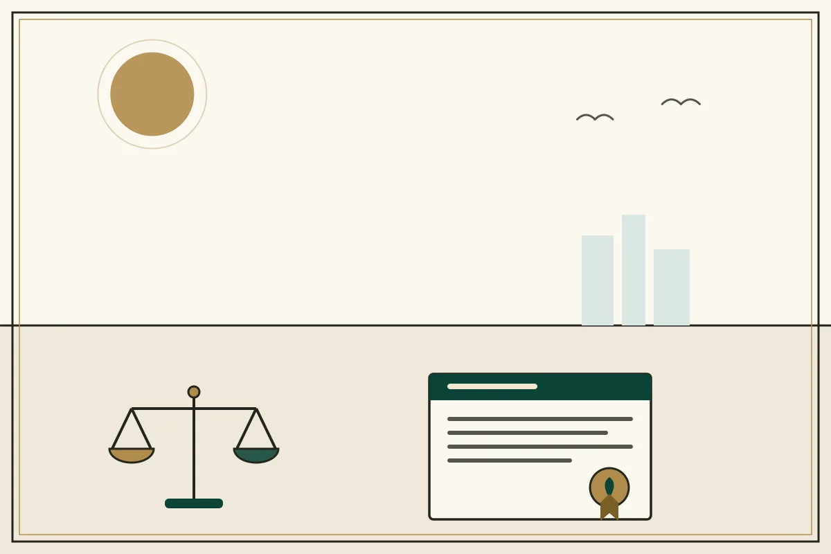 Editorial illustration of a sealed legal document beside the scales of justice — in the ivory, jade and gold broadsheet style of Research Cambodia