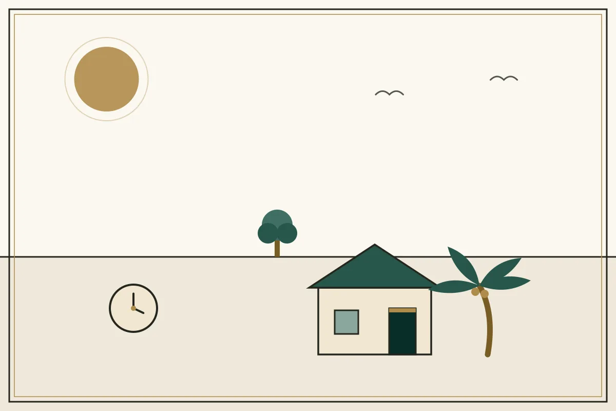 Editorial illustration of a house with a jade roof under palms — in the ivory, jade and gold broadsheet style of Research Cambodia