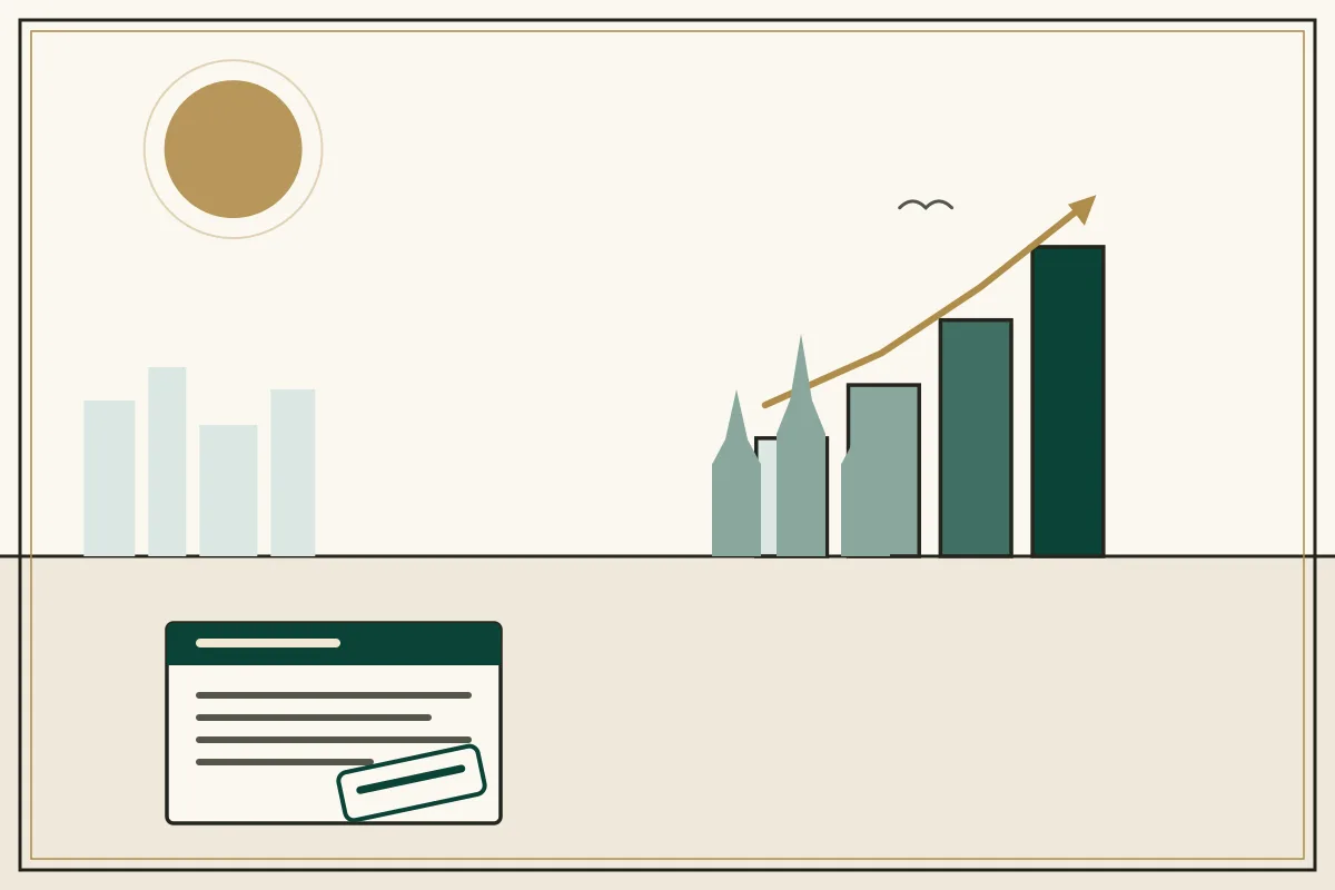 Editorial illustration of a rising bar chart with a gold trend arrow over a pale city skyline, with Angkor-style temple towers — in the ivory, jade and gold broadsheet style of Research Cambodia