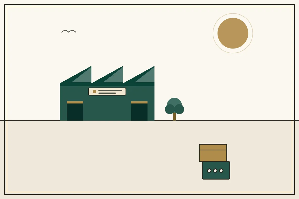 Editorial illustration of a jade factory hall with sawtooth roof and stacked shipping crates — in the ivory, jade and gold broadsheet style of Research Cambodia