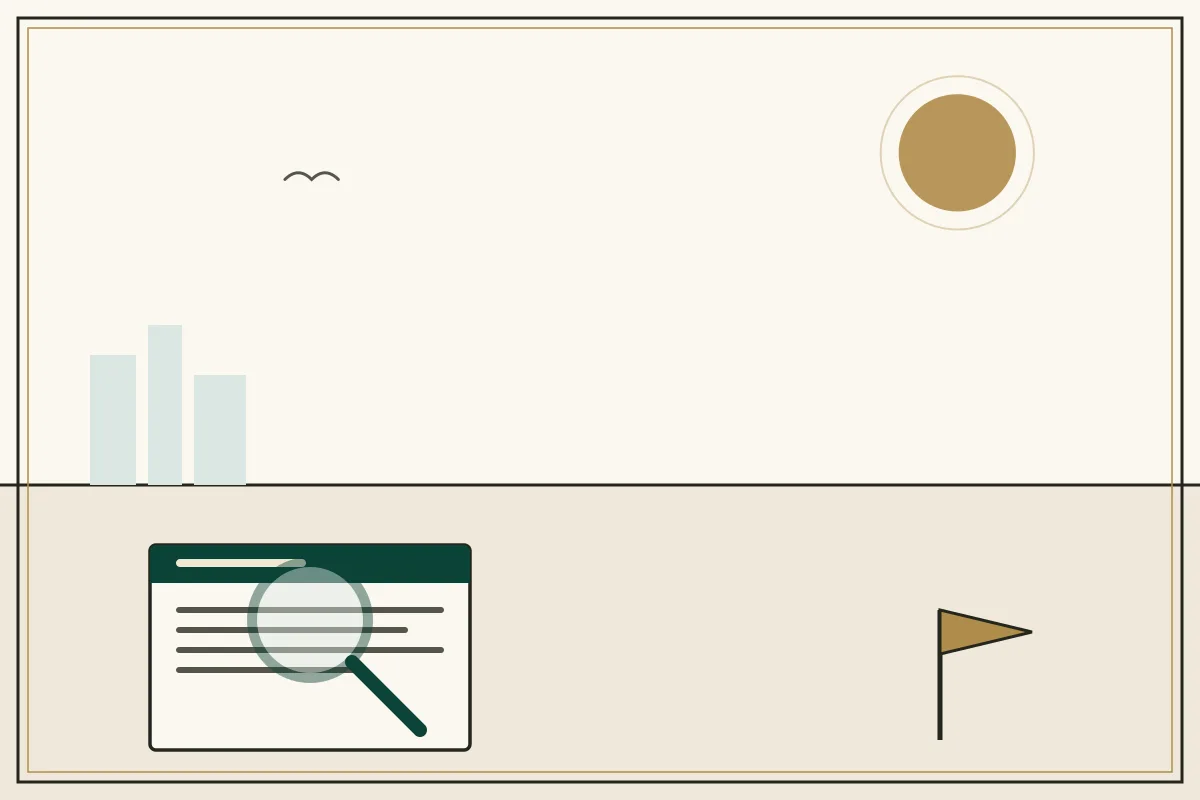 Editorial illustration of a magnifying glass over a document with a gold warning pennant — in the ivory, jade and gold broadsheet style of Research Cambodia