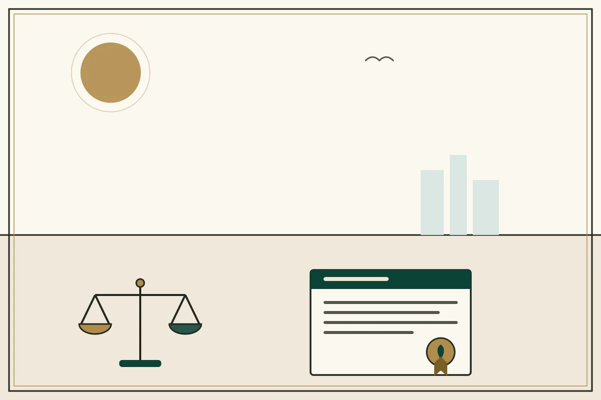 Editorial illustration of a sealed legal document beside the scales of justice — in the ivory, jade and gold broadsheet style of Research Cambodia