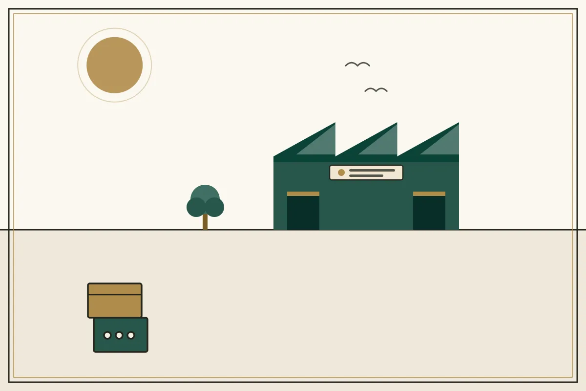 Editorial illustration of a jade factory hall with sawtooth roof and stacked shipping crates — in the ivory, jade and gold broadsheet style of Research Cambodia