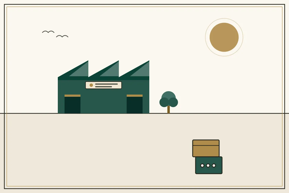 Editorial illustration of a jade factory hall with sawtooth roof and stacked shipping crates — in the ivory, jade and gold broadsheet style of Research Cambodia