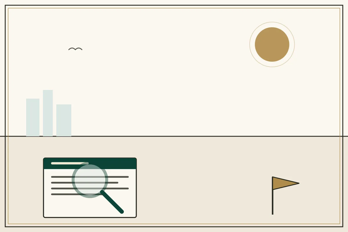 Editorial illustration of a magnifying glass over a document with a gold warning pennant — in the ivory, jade and gold broadsheet style of Research Cambodia