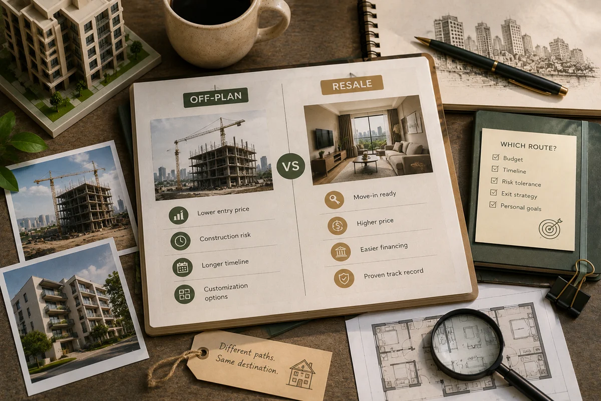 Comparison board weighing off-plan against resale property: entry price, construction risk and timeline versus move-in readiness, financing, and track record