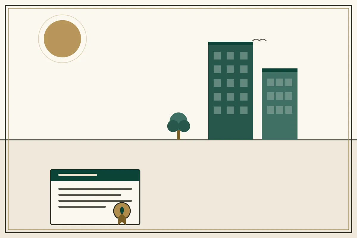 Editorial illustration of jade office towers beside a sealed company document — in the ivory, jade and gold broadsheet style of Research Cambodia