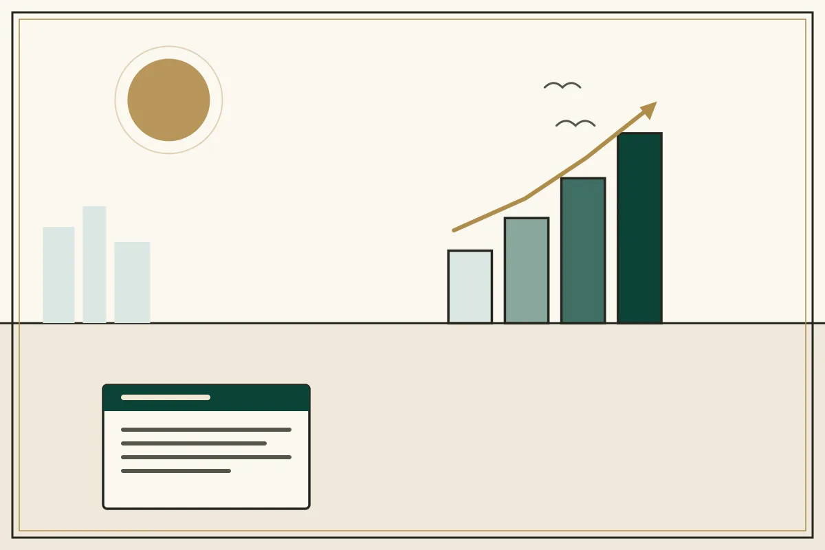 Editorial illustration of a rising bar chart with a gold trend arrow over a pale city skyline — in the ivory, jade and gold broadsheet style of Research Cambodia