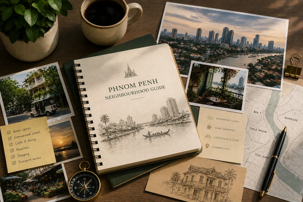 Phnom Penh neighbourhood guide notebook with a sketched riverside skyline, district map, street photos, and notes on amenities