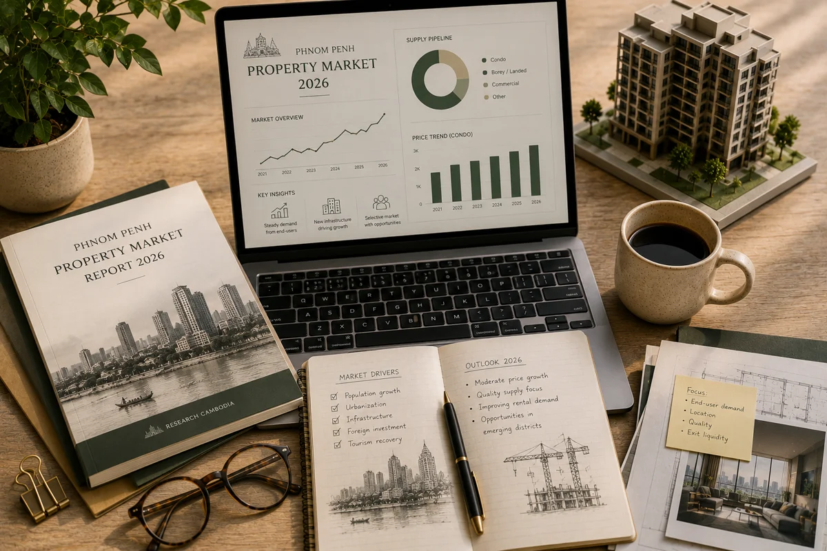 Phnom Penh property market 2026 dashboard on a laptop with price-trend charts, beside the printed report and notes on market drivers and outlook