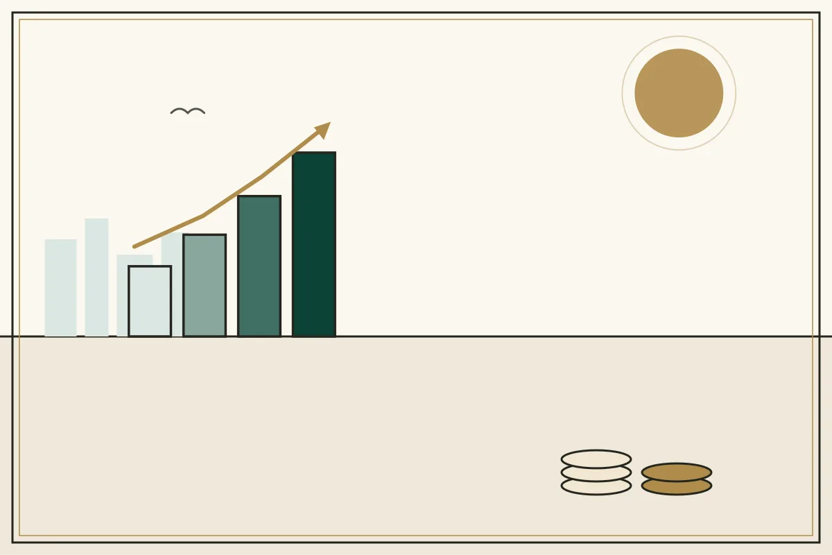 Editorial illustration of a rising bar chart with a gold trend arrow over a pale city skyline — in the ivory, jade and gold broadsheet style of Research Cambodia