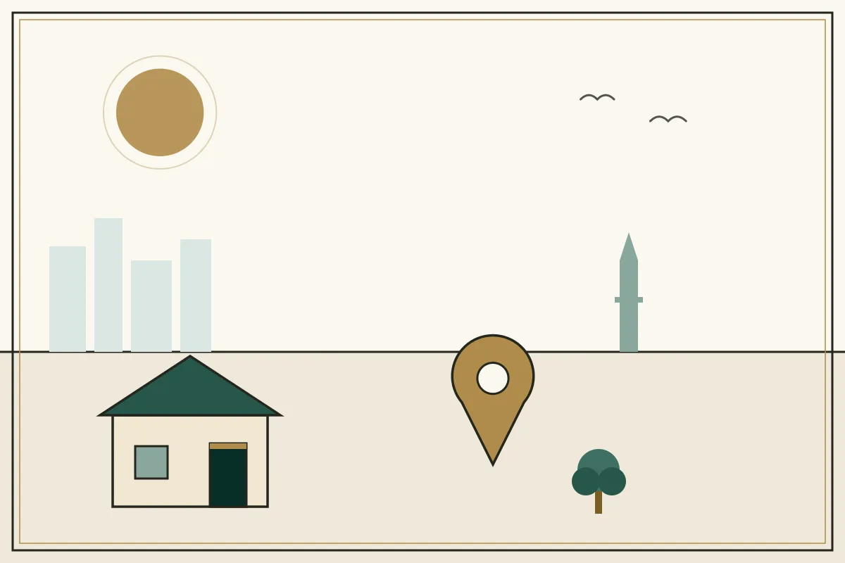 Editorial illustration of a landscape with a large gold map pin, houses and a stupa on the horizon — in the ivory, jade and gold broadsheet style of Research Cambodia