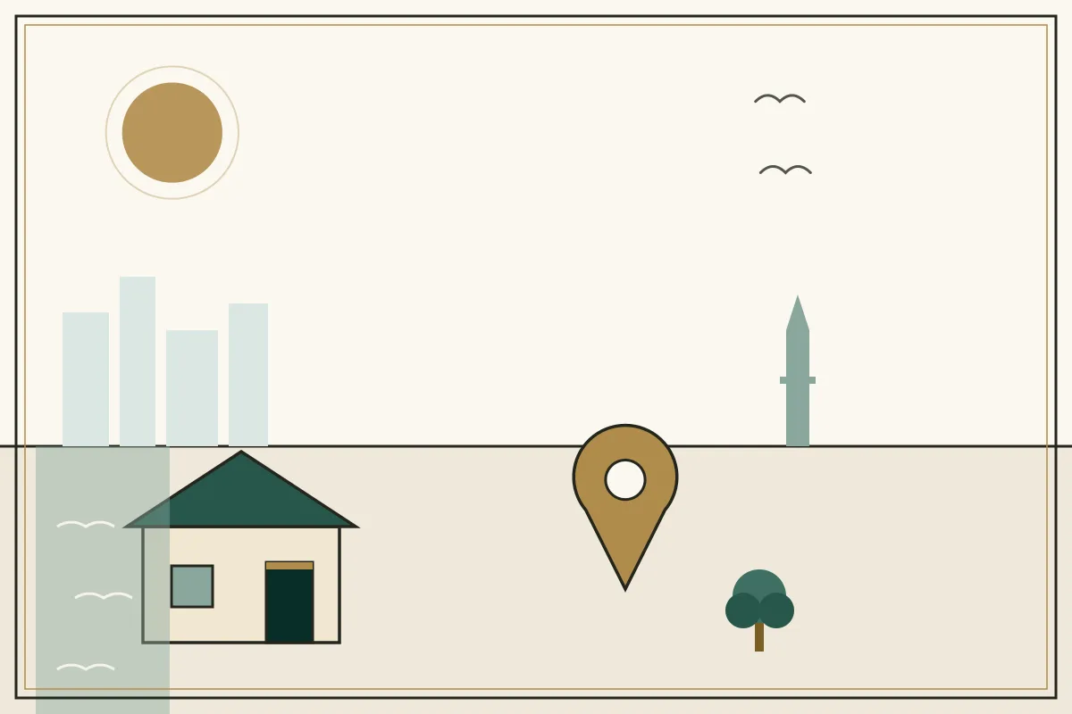 Editorial illustration of a landscape with a large gold map pin, houses and a stupa on the horizon, with a coastal water strip — in the ivory, jade and gold broadsheet style of Research Cambodia