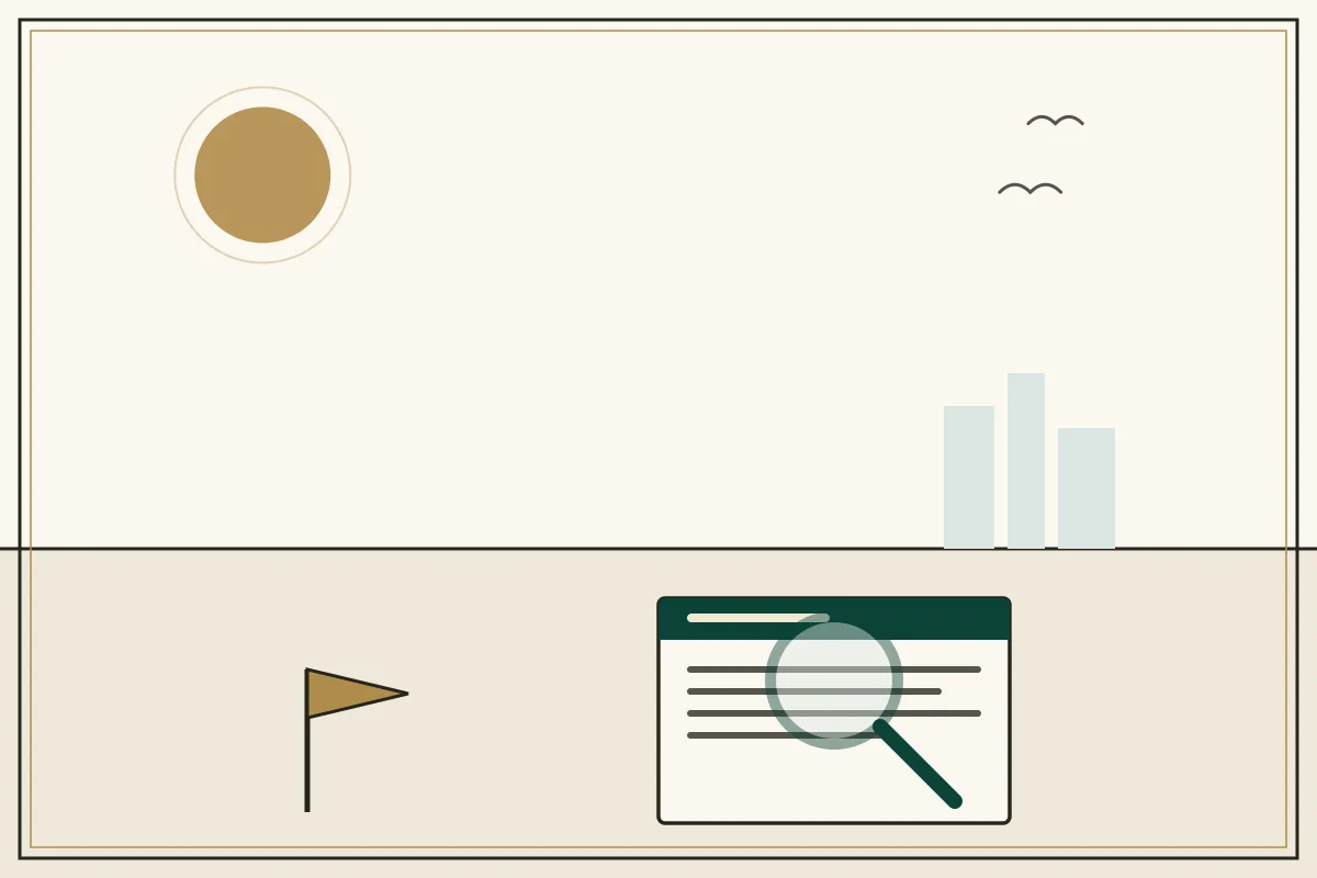 Editorial illustration of a magnifying glass over a document with a gold warning pennant — in the ivory, jade and gold broadsheet style of Research Cambodia