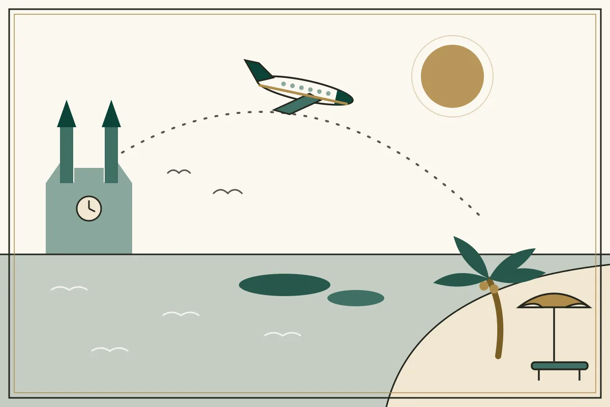 Editorial illustration of an aircraft arcing from Prague's twin gothic spires across the sea toward a Cambodian beach with islands, a palm tree and a beach umbrella