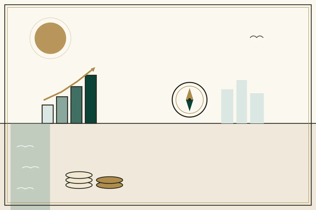 Editorial illustration of a compass and rising chart with stacked coins, with a coastal water strip — in the ivory, jade and gold broadsheet style of Research Cambodia