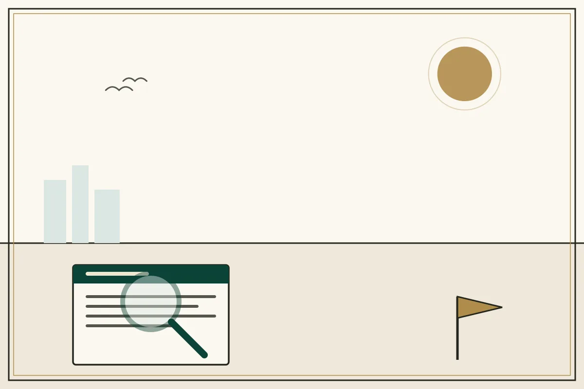 Editorial illustration of a magnifying glass over a document with a gold warning pennant — in the ivory, jade and gold broadsheet style of Research Cambodia