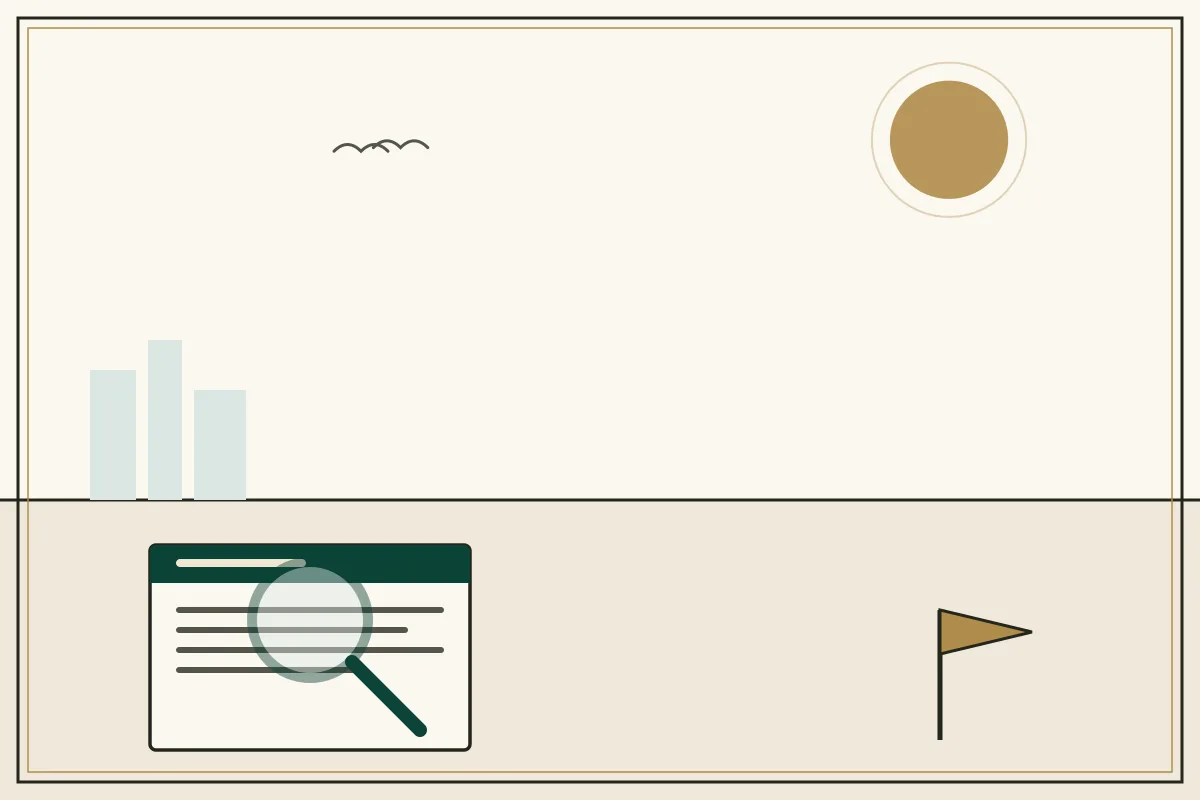 Editorial illustration of a magnifying glass over a document with a gold warning pennant — in the ivory, jade and gold broadsheet style of Research Cambodia