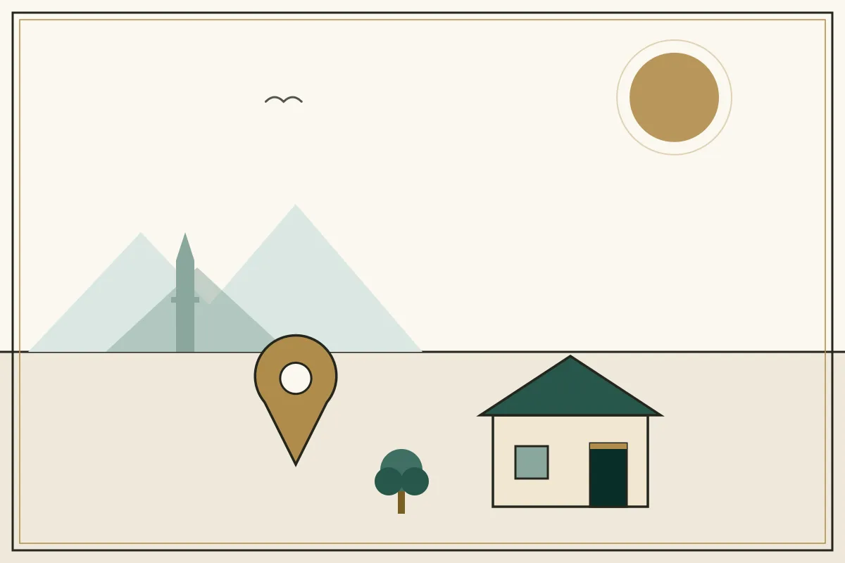 Editorial illustration of a landscape with a large gold map pin, houses and a stupa on the horizon — in the ivory, jade and gold broadsheet style of Research Cambodia