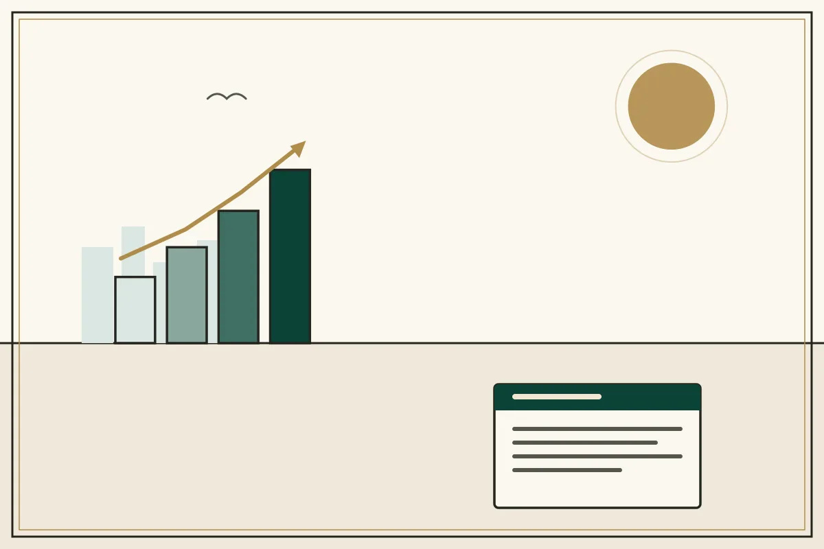 Editorial illustration of a rising bar chart with a gold trend arrow over a pale city skyline — in the ivory, jade and gold broadsheet style of Research Cambodia