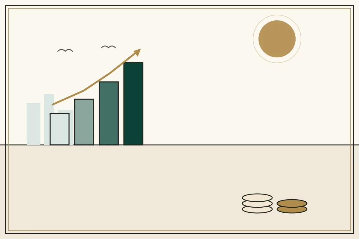 Editorial illustration of a rising bar chart with a gold trend arrow over a pale city skyline — in the ivory, jade and gold broadsheet style of Research Cambodia